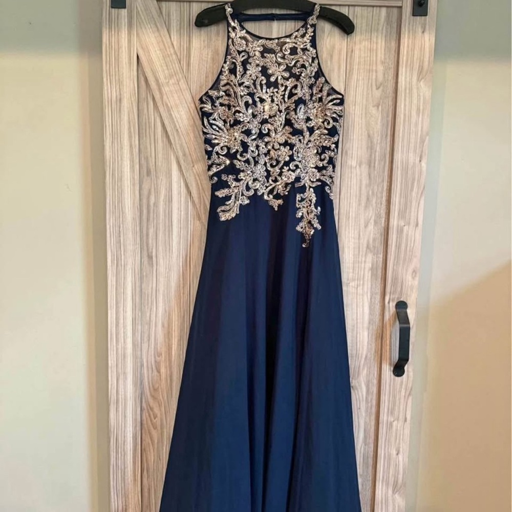 Betsy & Adam  Navy and Gold Dress